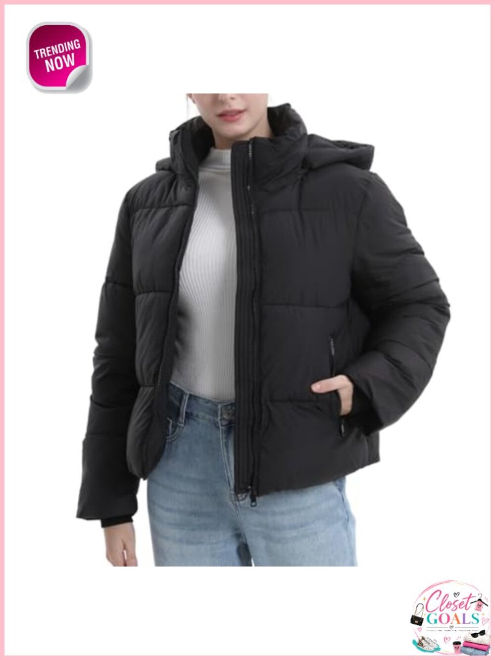 Cropped Puffer Jacket Quilted Winter Coat with Removable Hood